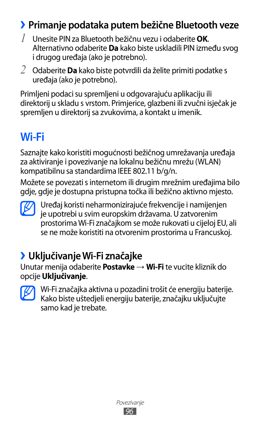 Samsung GT-S8500BAATRA, GT-S8500ISAMMC, GT-S8500HKATRA, GT-S8500GAAVIP, GT-S8500BAACRO manual ››Uključivanje Wi-Fi značajke 