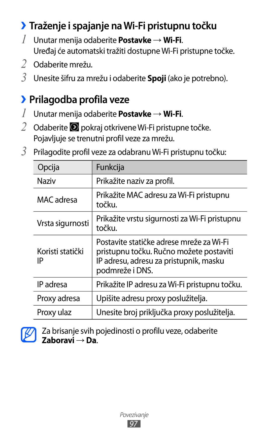 Samsung GT-S8500ISAMMC manual ››Traženje i spajanje na Wi-Fi pristupnu točku, ››Prilagodba profila veze, Zaboravi → Da 