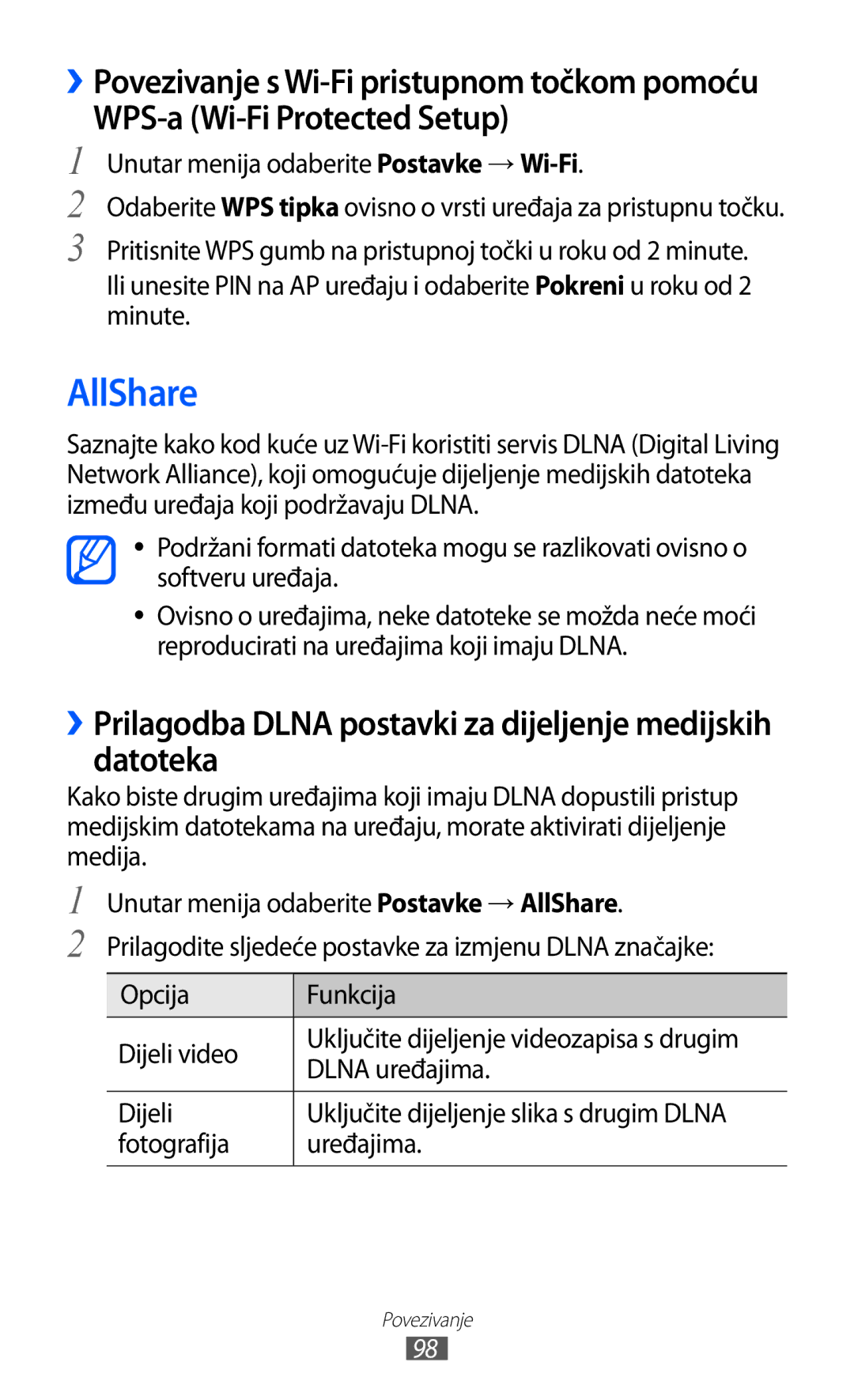 Samsung GT-S8500HKATRA AllShare, WPS-a Wi-Fi Protected Setup, ››Prilagodba Dlna postavki za dijeljenje medijskih datoteka 