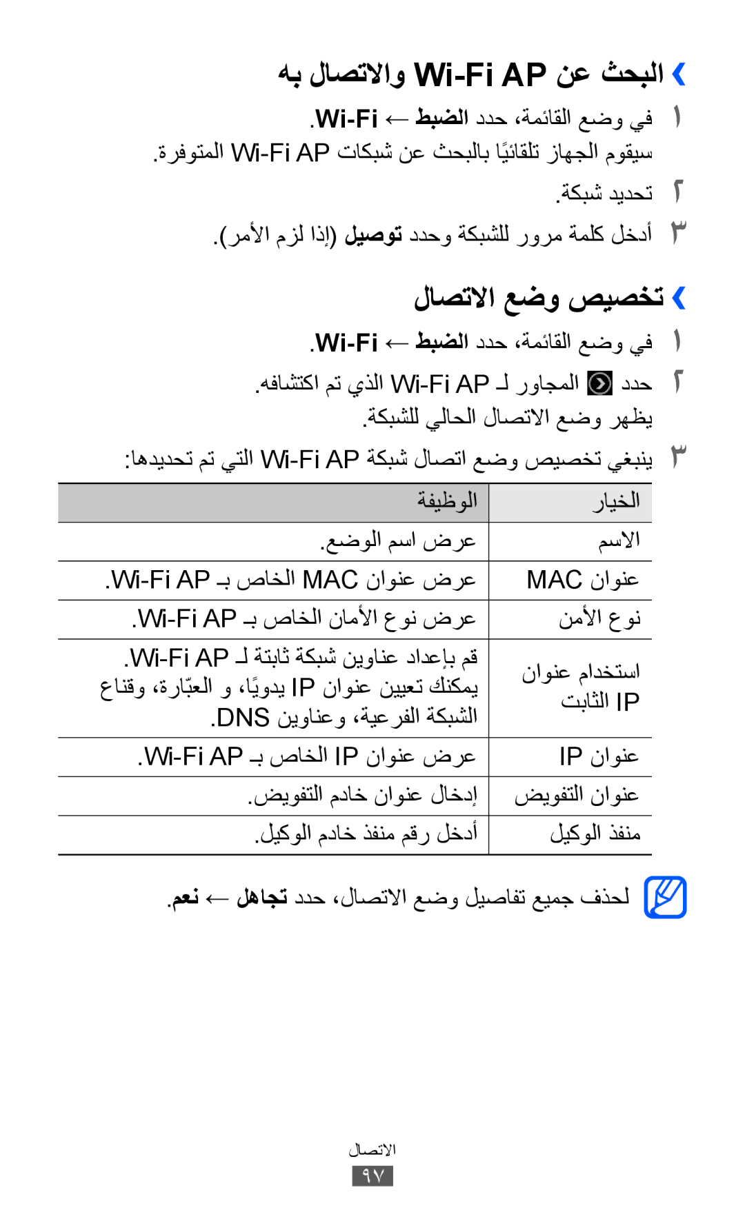 Samsung GT-S8500BANXSG manual هب لاصتلااو Wi-Fi AP نع ثحبلا››, لاصتلاا عضو صيصخت››, Wi-Fi← طبضلا ددح ،ةمئاقلا عضو يف1 