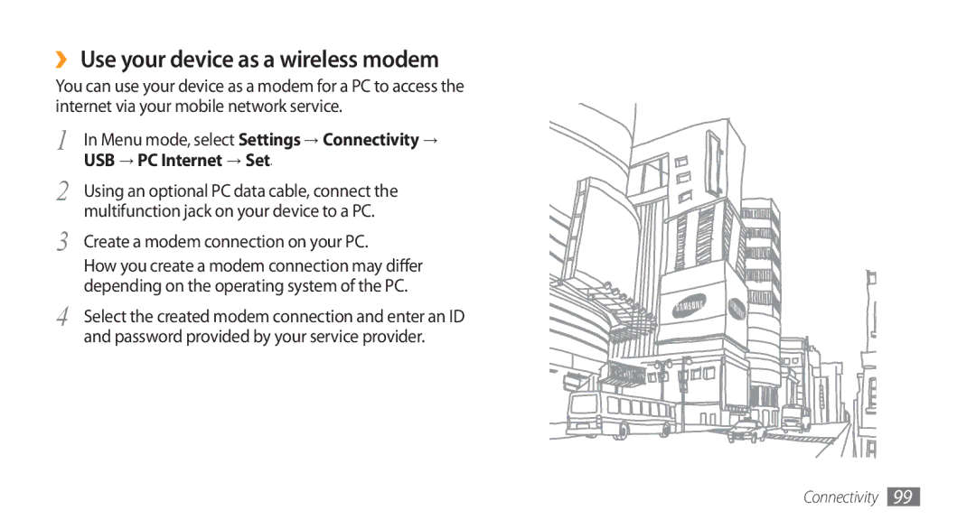 Samsung GT-S8500BAJECT, GT-S8500BAATUR manual ›› Use your device as a wireless modem, Create a modem connection on your PC 