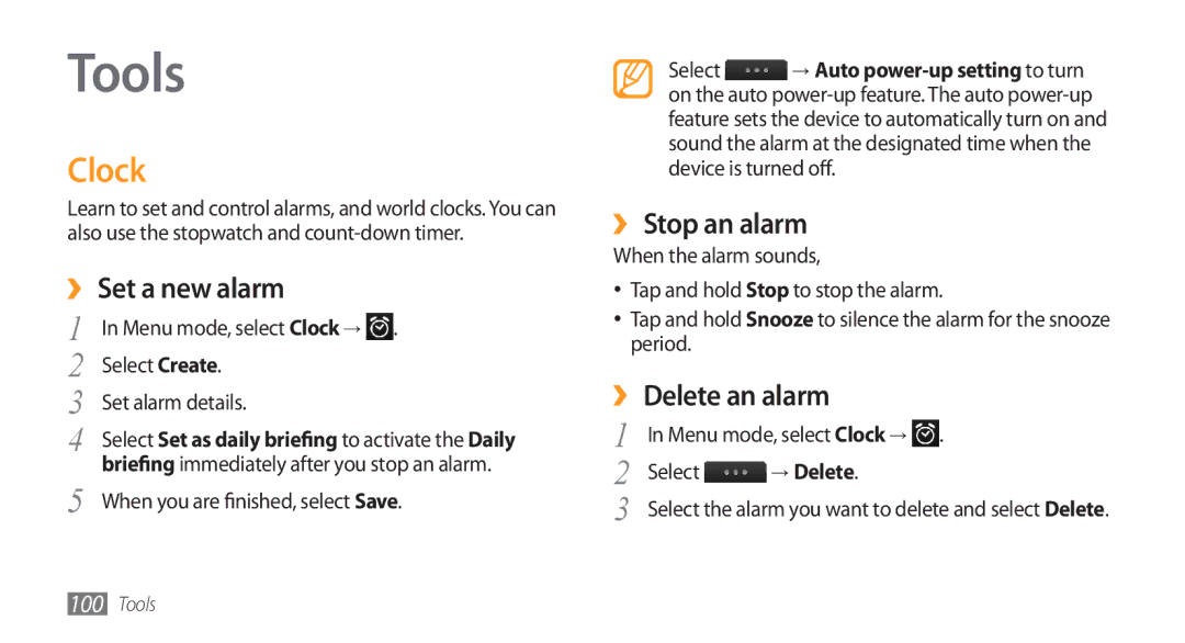 Samsung GT-S8500HKAECT, GT-S8500BAATUR manual Tools, Clock, ›› Set a new alarm, ›› Stop an alarm, ›› Delete an alarm 