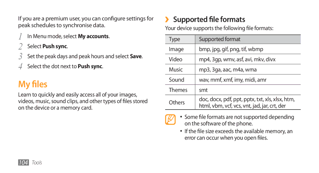 Samsung GT-S8500BAAMID manual My files, ›› Supported file formats, Select Push sync, Select the dot next to Push sync 