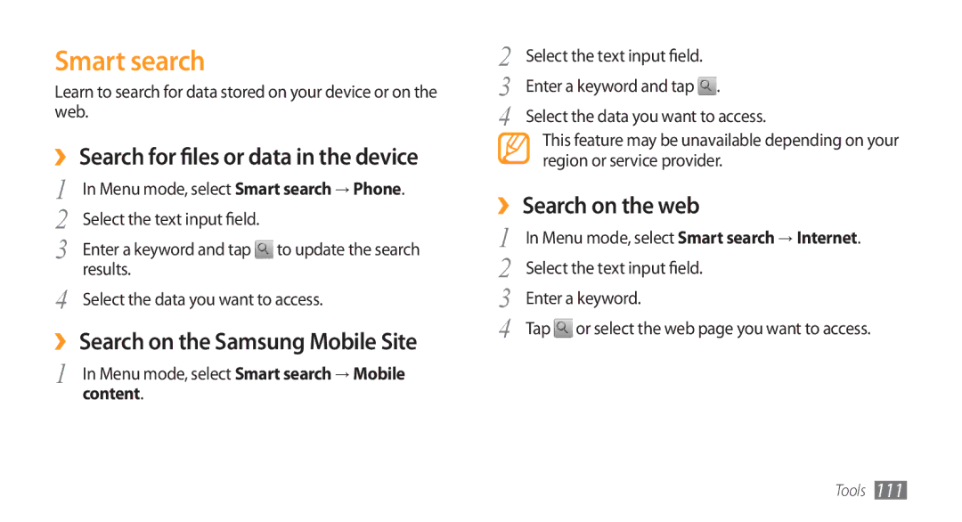 Samsung GT-S8500BAAECT manual Smart search, ›› Search for files or data in the device, ›› Search on the Samsung Mobile Site 