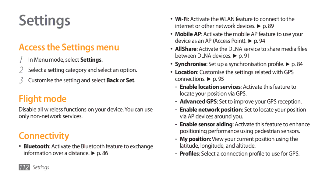 Samsung GT-S8500HKAAFR, GT-S8500BAATUR Access the Settings menu, Flight mode, Connectivity, Menu mode, select Settings 