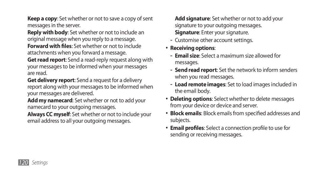 Samsung GT-S8500BAAPAK, GT-S8500BAATUR, GT-S8500HKJECT, GT-S8500HKNXSG Customise other account settings, Receiving options 