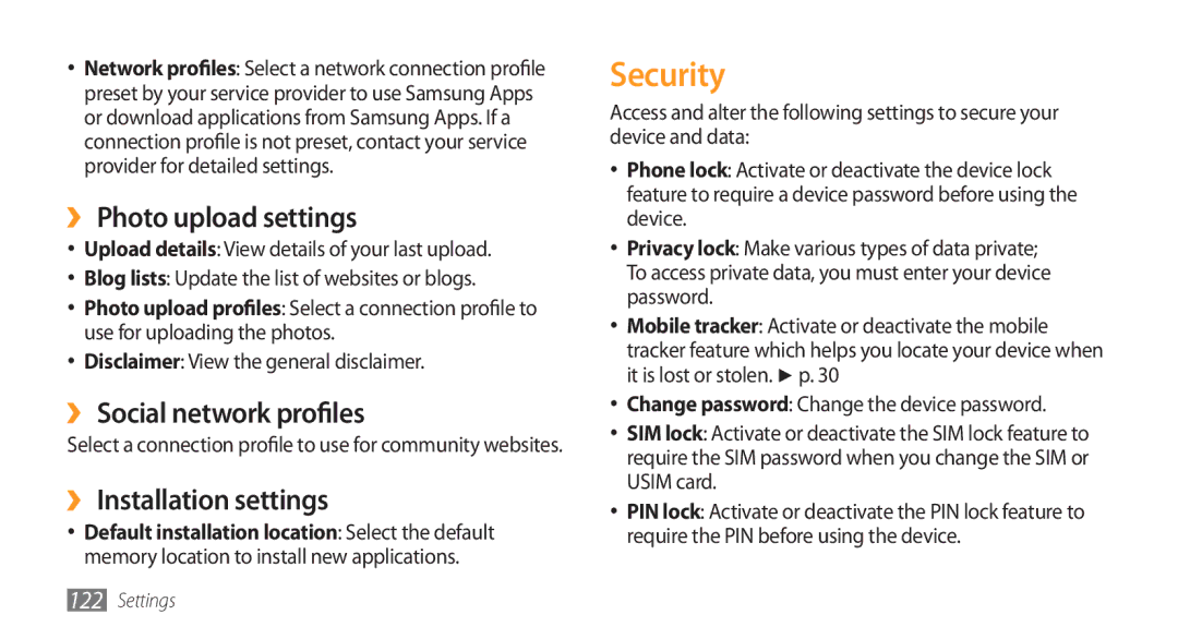 Samsung GT-S8500BANXSG manual Security, ›› Photo upload settings, ›› Social network profiles, ›› Installation settings 