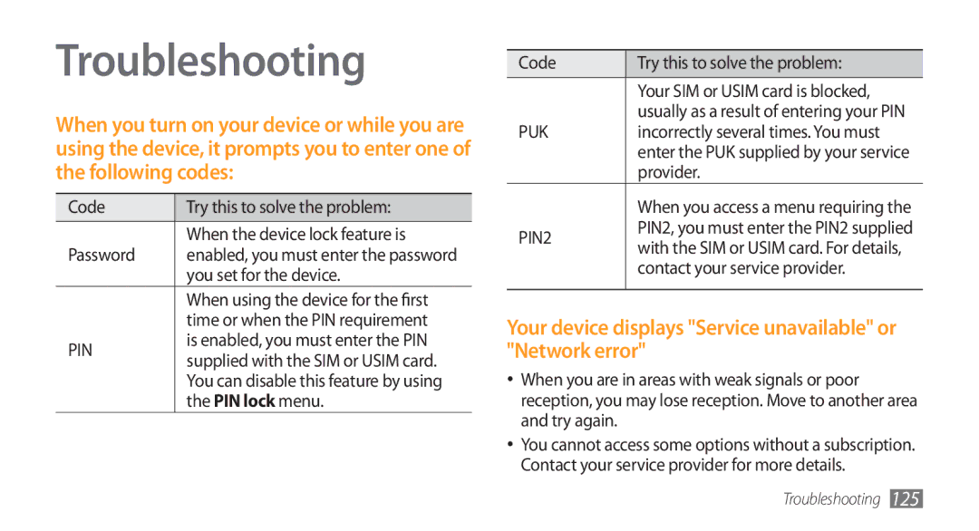 Samsung GT-S8500LRAJED, GT-S8500BAATUR manual Troubleshooting, Your device displays Service unavailable or Network error 