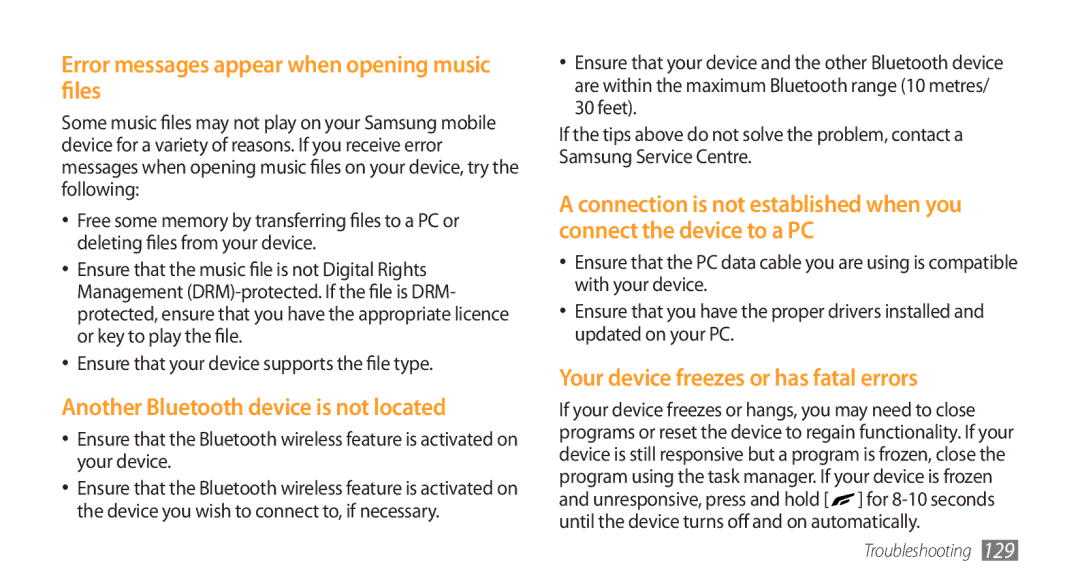 Samsung GT-S8500ISAKSA manual Error messages appear when opening music files, Another Bluetooth device is not located 