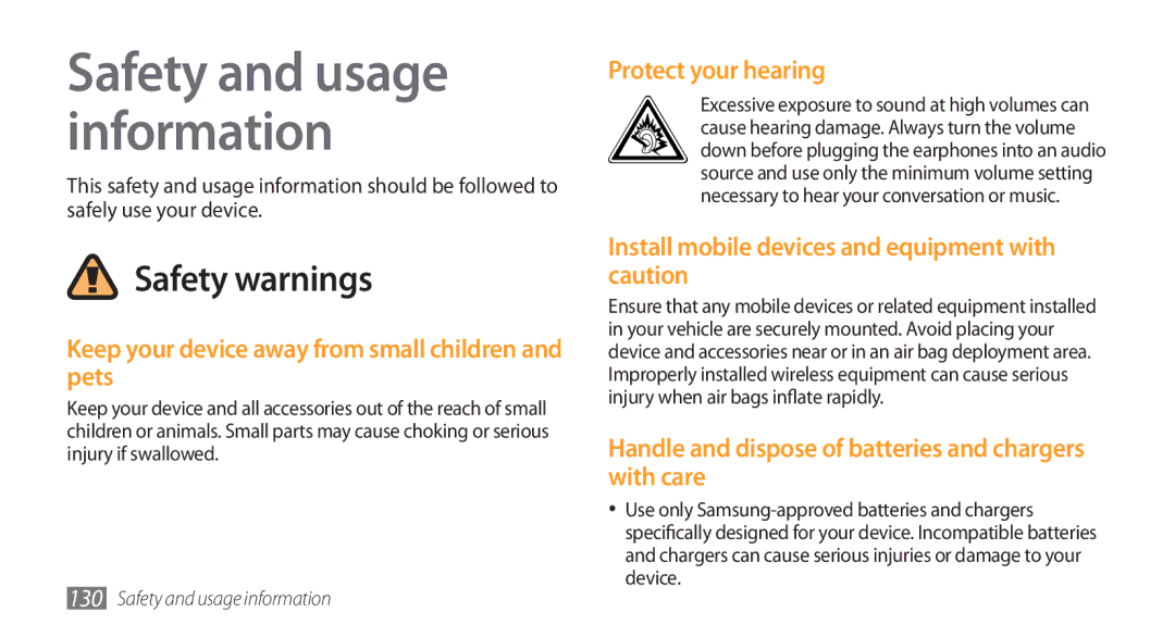 Samsung GT-S8500HKAXEV, GT-S8500BAATUR manual Keep your device away from small children and pets, Protect your hearing 