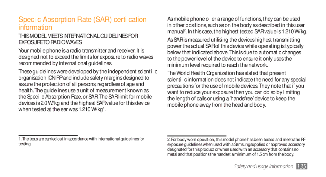 Samsung GT-S8500BAAXXV, GT-S8500BAATUR, GT-S8500HKJECT manual Specific Absorption Rate SAR certification information 