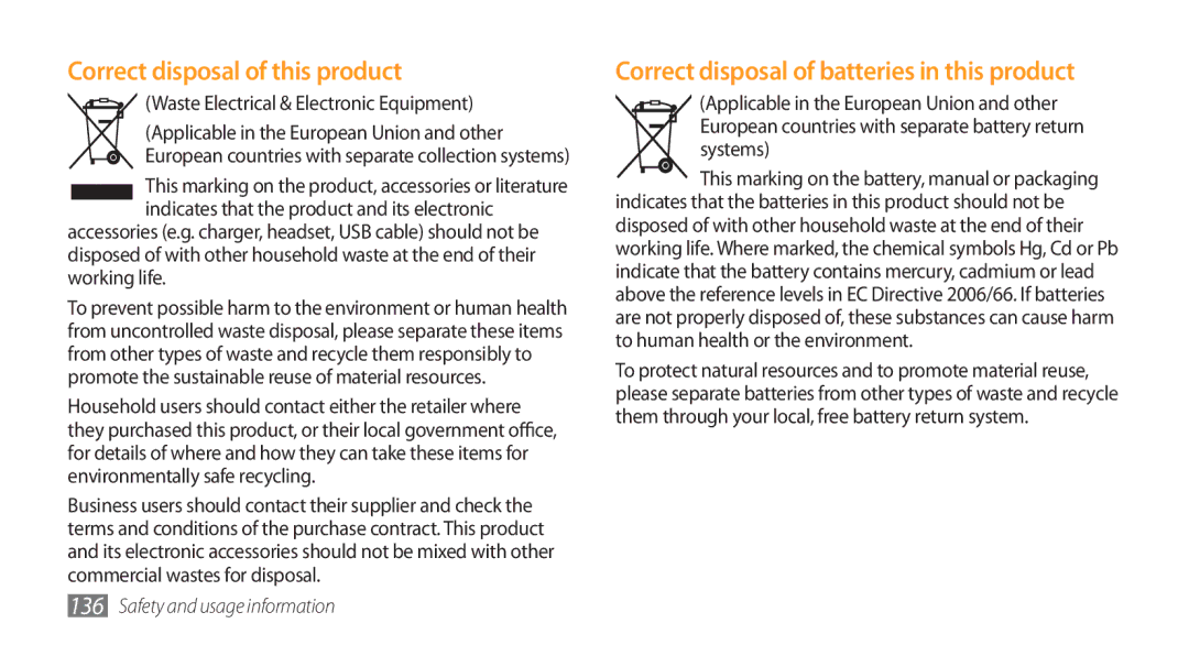 Samsung GT-S8500PDAXEV, GT-S8500BAATUR Correct disposal of this product, Correct disposal of batteries in this product 