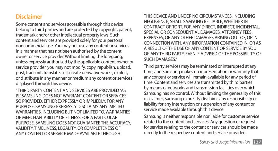 Samsung SWG-S8500BACEL, GT-S8500BAATUR, GT-S8500HKJECT, GT-S8500HKNXSG, GT-S8500BAAKSA, GT-S8500BAJECT manual Disclaimer 