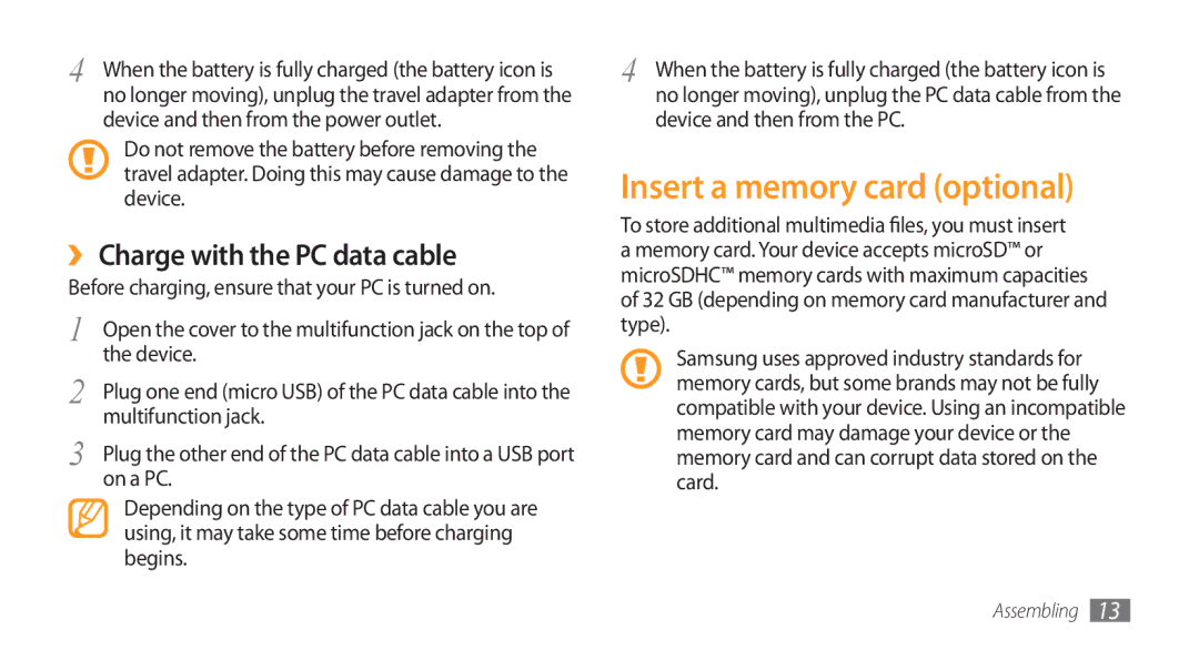 Samsung GT-S8500GAAKSA, GT-S8500BAATUR manual Insert a memory card optional, ›› Charge with the PC data cable, On a PC 