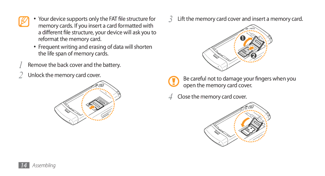 Samsung GT-S8500BAAAFR, GT-S8500BAATUR, GT-S8500HKJECT, GT-S8500HKNXSG Lift the memory card cover and insert a memory card 