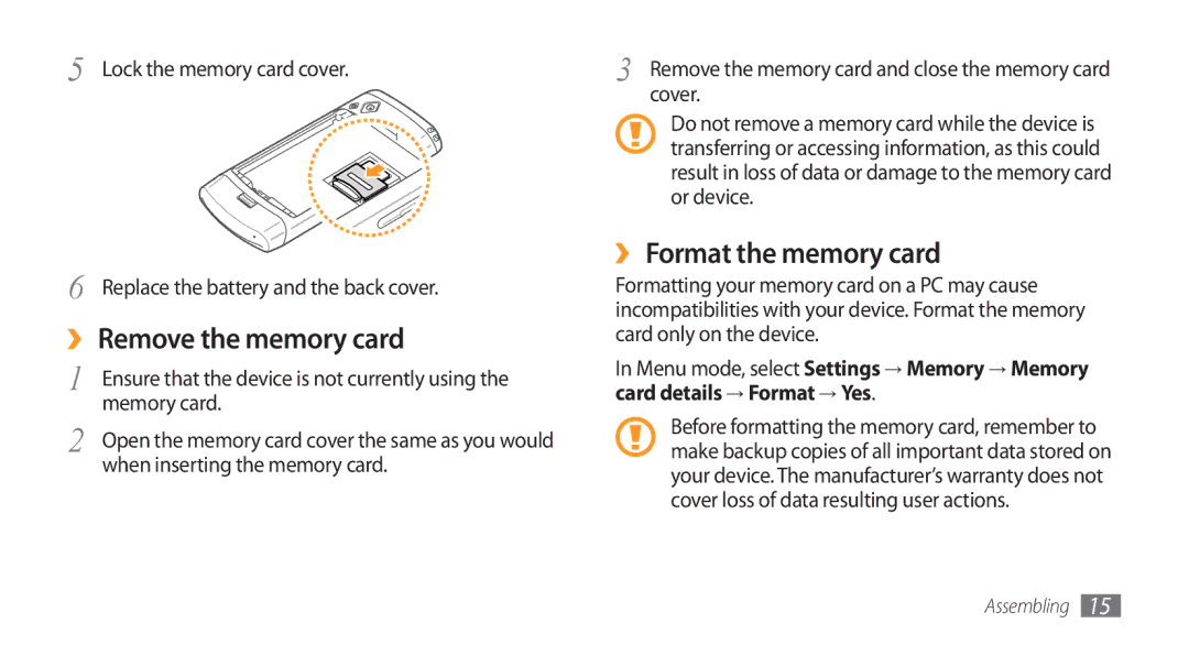 Samsung GT-S8500BAAECT ›› Remove the memory card, ›› Format the memory card, Memory card, When inserting the memory card 