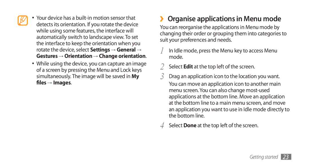 Samsung GT-S8500BAAABS ›› Organise applications in Menu mode, Mode, Select Edit at the top left of the screen, Bottom line 