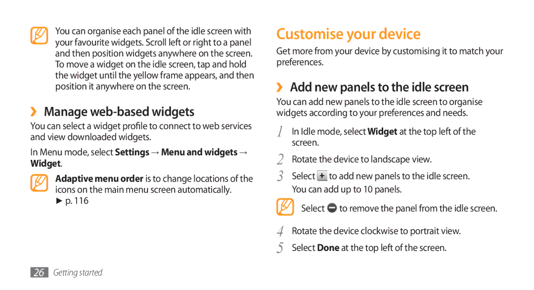 Samsung GT-S8500BANXSG manual Customise your device, ›› Manage web-based widgets, ›› Add new panels to the idle screen 