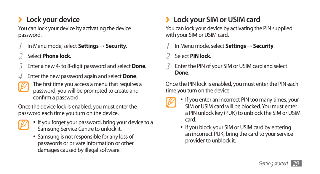 Samsung GT-S8500LRAJED, GT-S8500BAATUR manual ›› Lock your device, ›› Lock your SIM or Usim card, Select Phone lock, Done 