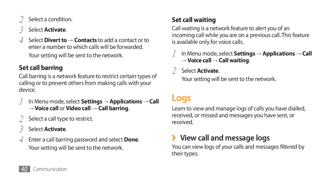 Samsung GT-S8500PDAXEV, GT-S8500BAATUR manual Logs, ›› View call and message logs, Set call barring, Set call waiting 