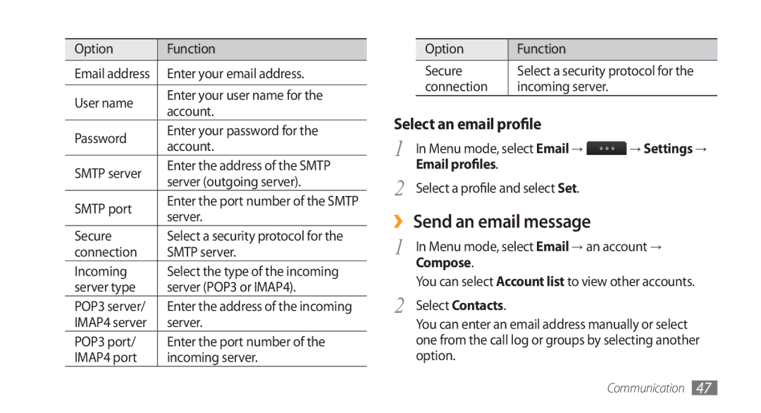 Samsung GT-S8500BAATUR, GT-S8500HKJECT manual ›› Send an email message, Select an email profile, → Settings →, Compose 