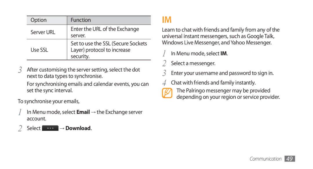 Samsung GT-S8500HKNXSG manual Option Function Server URL, Use SSL Layer protocol to increase Security, Account Select 