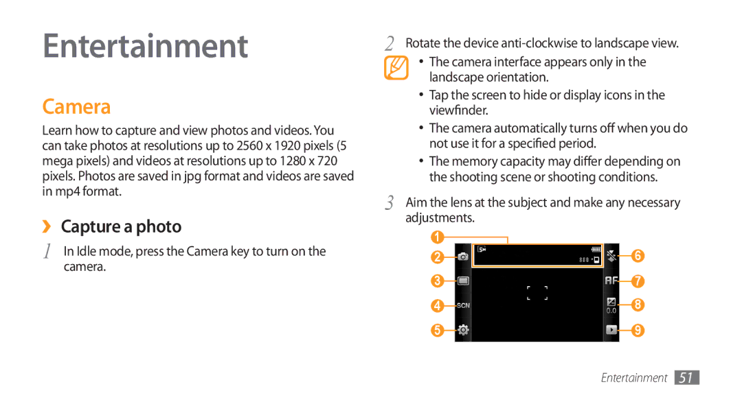 Samsung GT-S8500BAJECT, GT-S8500BAATUR, GT-S8500HKJECT, GT-S8500HKNXSG manual Entertainment, Camera, ›› Capture a photo 