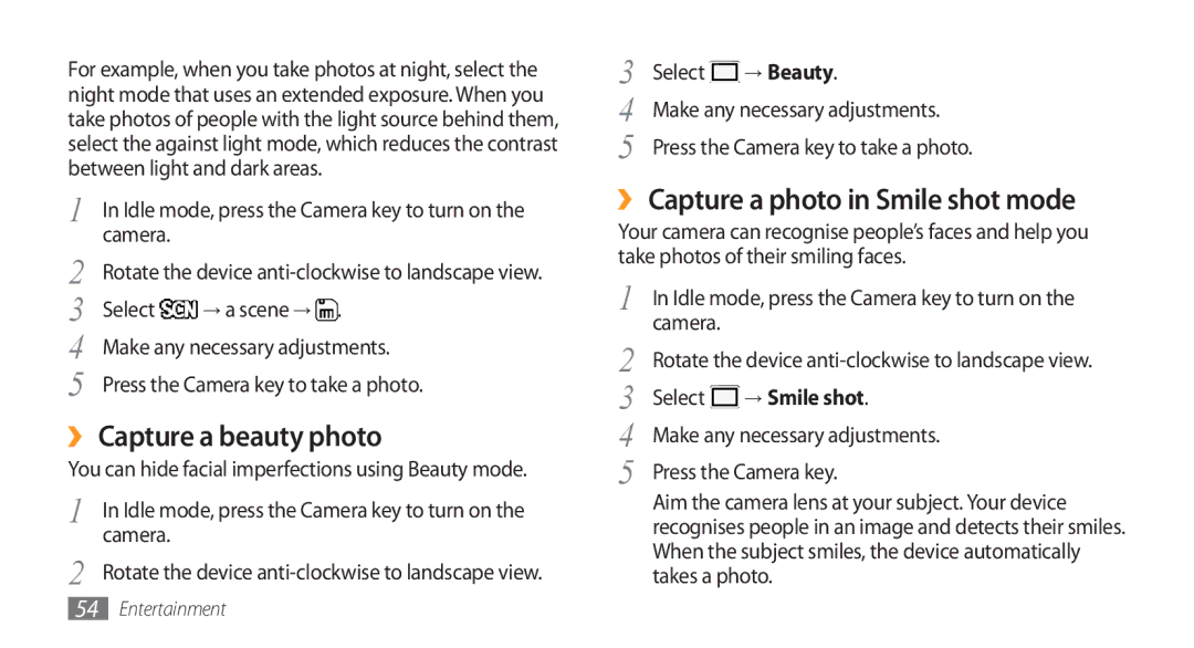 Samsung GT-S8500PDAJED, GT-S8500BAATUR manual ›› Capture a beauty photo, ›› Capture a photo in Smile shot mode, → Smile shot 