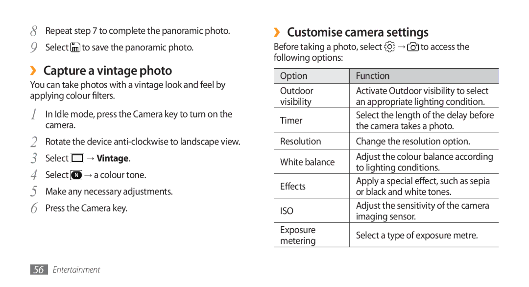 Samsung GT-S8500BAAMID, GT-S8500BAATUR, GT-S8500HKJECT ›› Capture a vintage photo, ›› Customise camera settings, → Vintage 