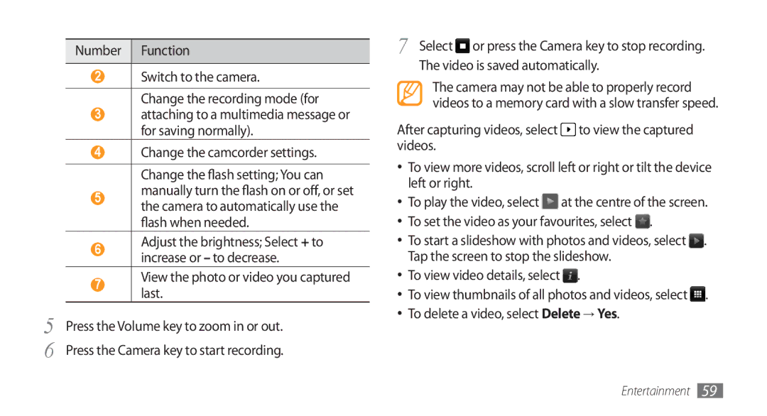 Samsung GT-S8500BAAJED manual View the photo or video you captured last, To set the video as your favourites, select 