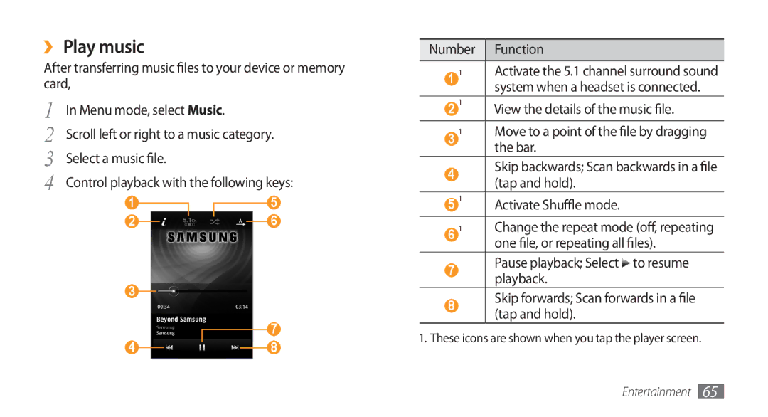 Samsung GT-S8500ISAJED manual ›› Play music, View the details of the music file, Bar, One file, or repeating all files 