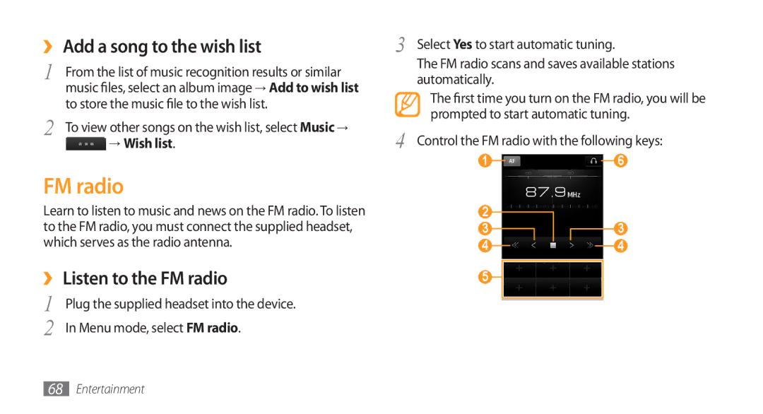 Samsung GT-S8500HKAEGY, GT-S8500BAATUR manual ›› Add a song to the wish list, ›› Listen to the FM radio, → Wish list 