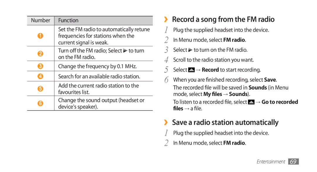 Samsung GT-S8500HKAXSG, GT-S8500BAATUR manual ›› Record a song from the FM radio, ›› Save a radio station automatically 