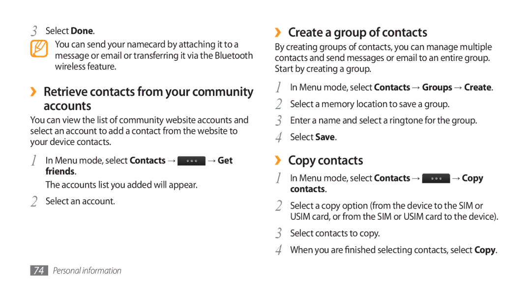 Samsung GT-S8500BANXSG, GT-S8500BAATUR, GT-S8500HKJECT manual Accounts, ›› Create a group of contacts, ›› Copy contacts 