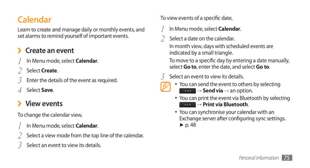 Samsung GT-S8500GAAJED, GT-S8500BAATUR, GT-S8500HKJECT Calendar, ›› Create an event, ›› View events, → Print via Bluetooth 
