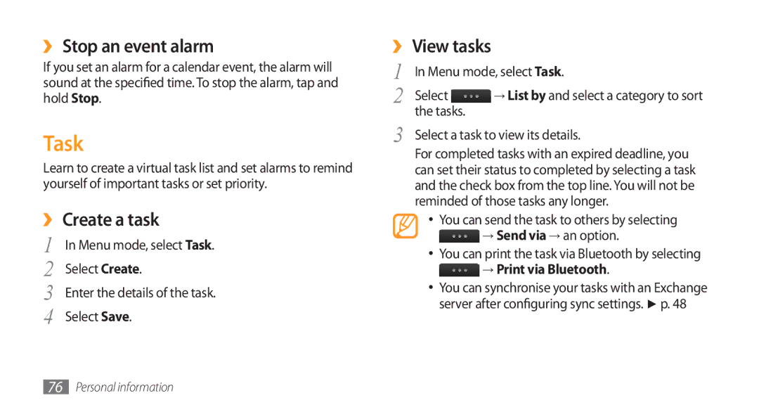 Samsung GT-S8500HKAJED, GT-S8500BAATUR, GT-S8500HKJECT manual Task, ›› Stop an event alarm, ›› Create a task, ›› View tasks 