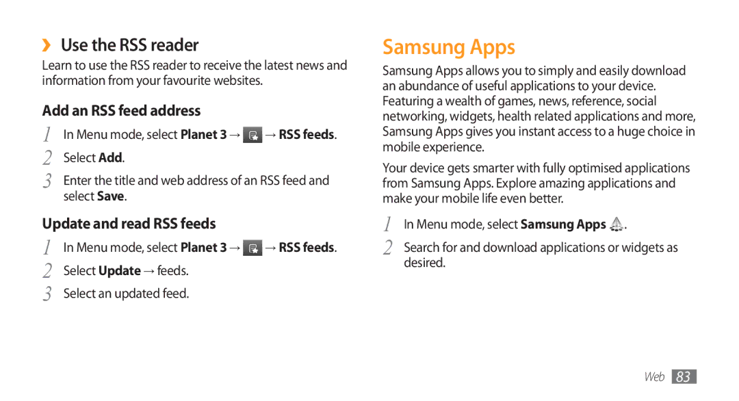 Samsung GT-S8500ISAXEV manual Samsung Apps, ›› Use the RSS reader, Add an RSS feed address, Update and read RSS feeds 