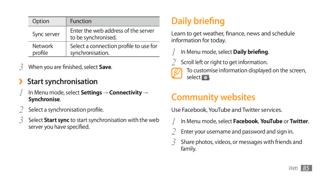 Samsung GT-S8500HKAXXV, GT-S8500BAATUR, GT-S8500HKJECT manual Daily briefing, Community websites, ›› Start synchronisation 