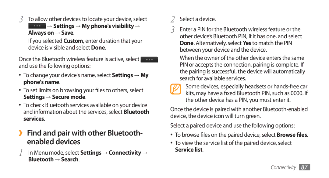 Samsung GT-S8500BAAXXV, GT-S8500BAATUR manual ›› Find and pair with other Bluetooth- enabled devices, Bluetooth → Search 