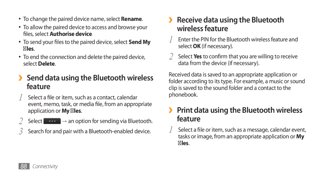 Samsung GT-S8500PDAXEV, GT-S8500BAATUR, GT-S8500HKJECT manual ›› Send data using the Bluetooth wireless feature, Files 