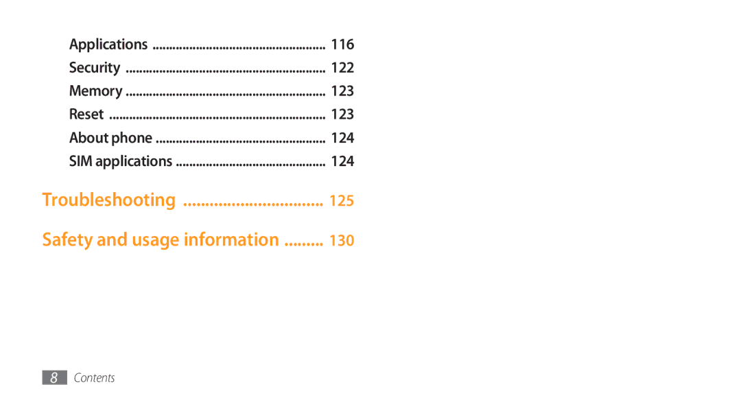 Samsung GT-S8500BAAMID, GT-S8500BAATUR, GT-S8500HKJECT manual Troubleshooting, Safety and usage information, 122, 123, 124 