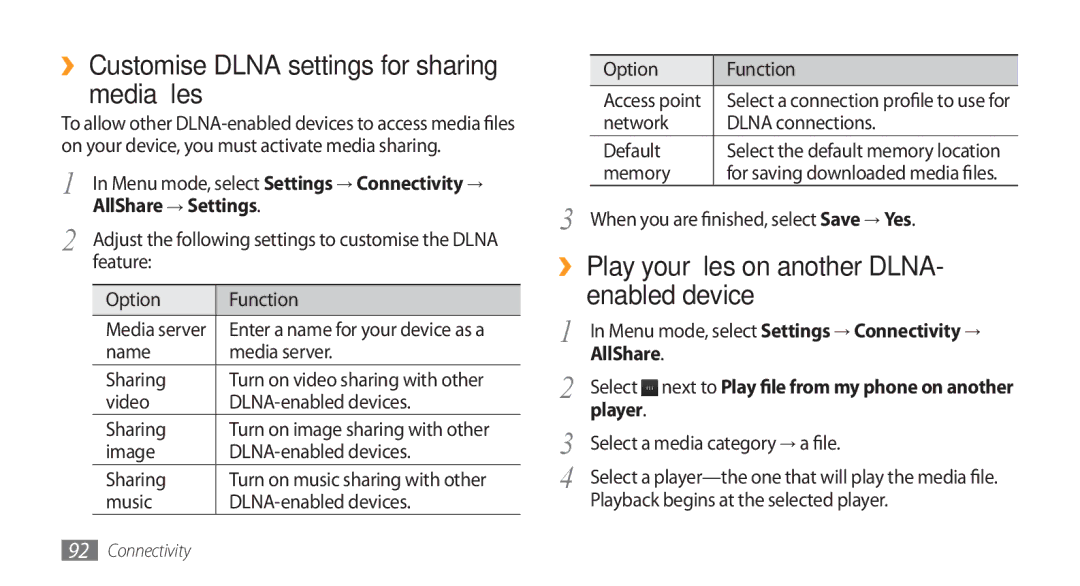 Samsung GT-S8500BAACEL, GT-S8500BAATUR ›› Customise Dlna settings for sharing Media files, AllShare → Settings, Player 