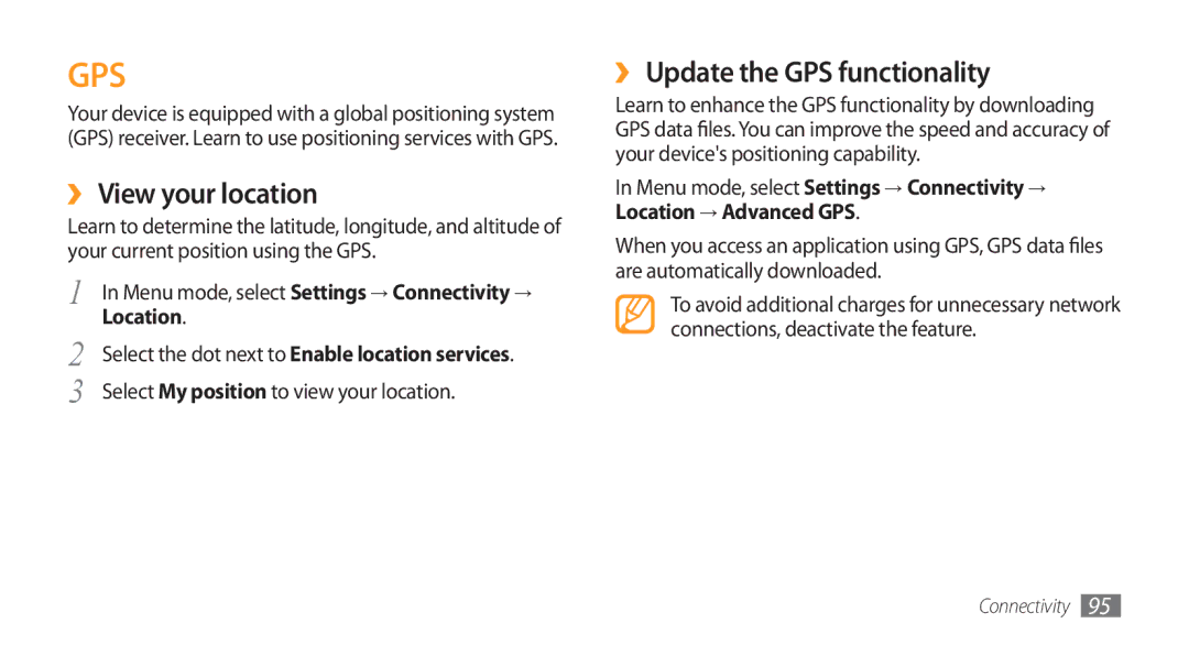 Samsung GT-S8500BAATUR, GT-S8500HKJECT, GT-S8500HKNXSG ›› View your location, ›› Update the GPS functionality, Location 