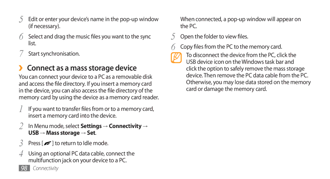 Samsung GT-S8500BAAKSA manual ›› Connect as a mass storage device, List, Start synchronisation, USB → Mass storage → Set 