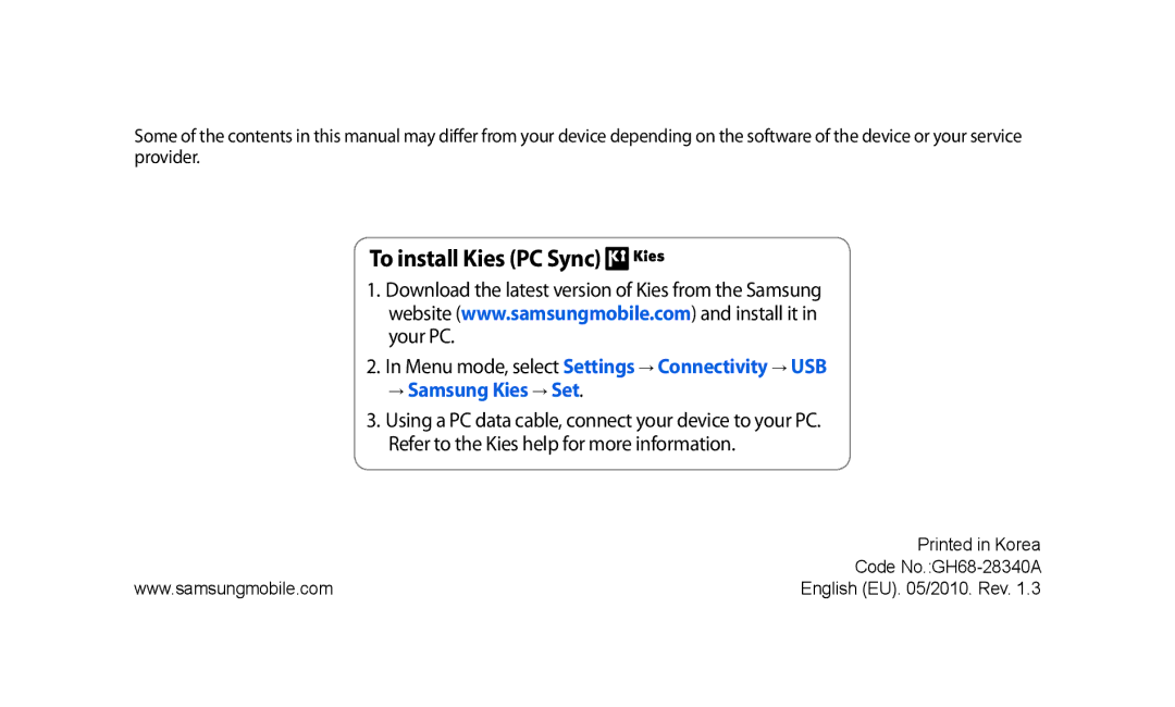 Samsung GT-S8500HKJECT, GT-S8500BAATUR, GT-S8500HKNXSG, GT-S8500BAAKSA, GT-S8500BAJECT manual To install Kies PC Sync 