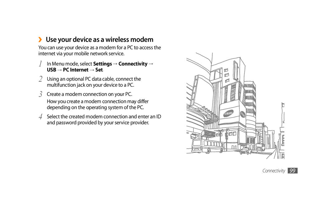 Samsung GT-S8500BAJECT, GT-S8500BAATUR manual ›› Use your device as a wireless modem, Create a modem connection on your PC 