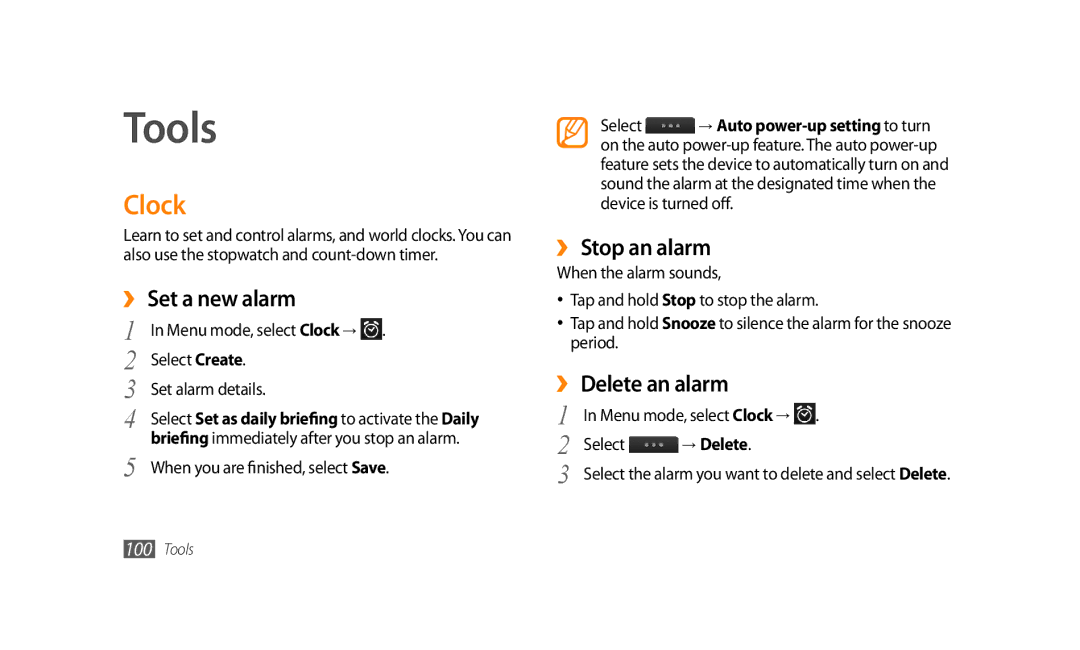 Samsung GT-S8500HKAECT, GT-S8500BAATUR manual Tools, Clock, ›› Set a new alarm, ›› Stop an alarm, ›› Delete an alarm 