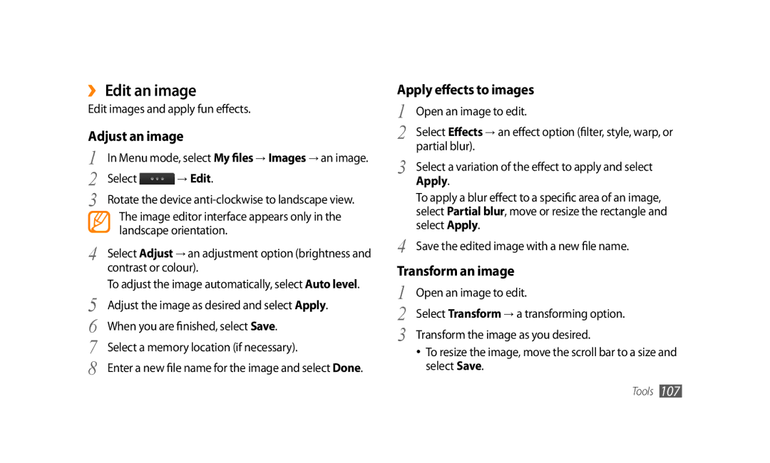 Samsung GT-S8500BAAJED, GT-S8500BAATUR manual ›› Edit an image, Adjust an image, Apply effects to images, Transform an image 