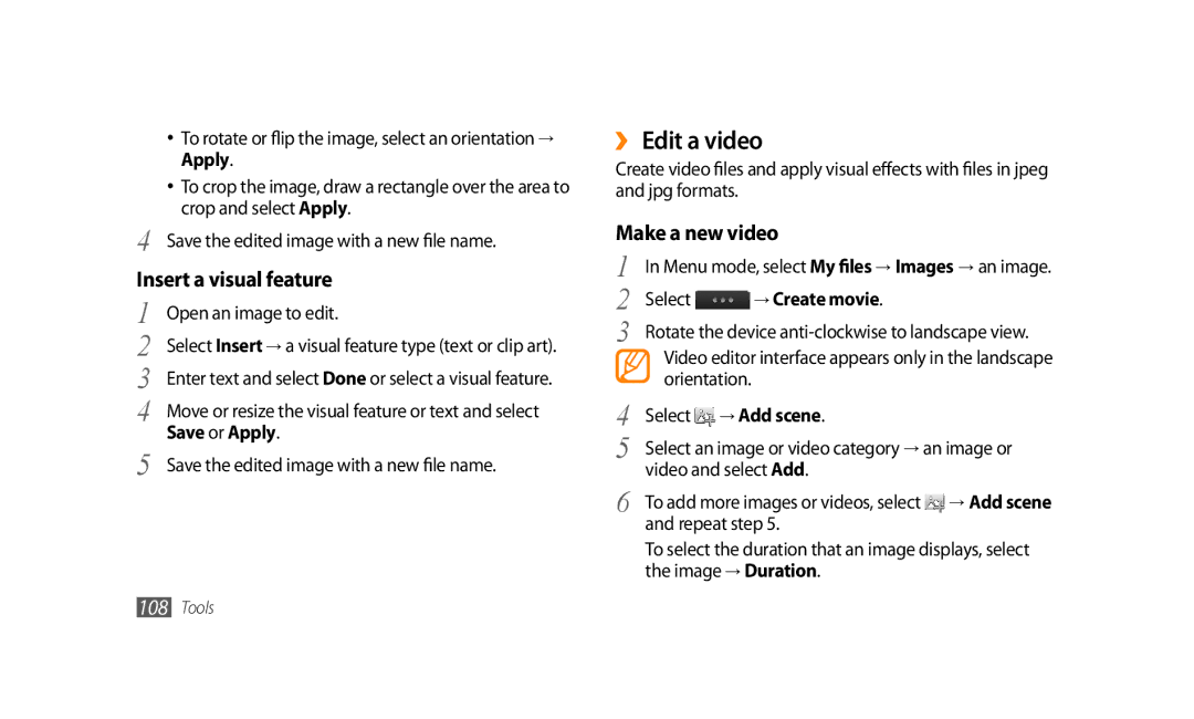 Samsung GT-S8500BAATHR, GT-S8500BAATUR, GT-S8500HKJECT manual ›› Edit a video, Insert a visual feature, Make a new video 