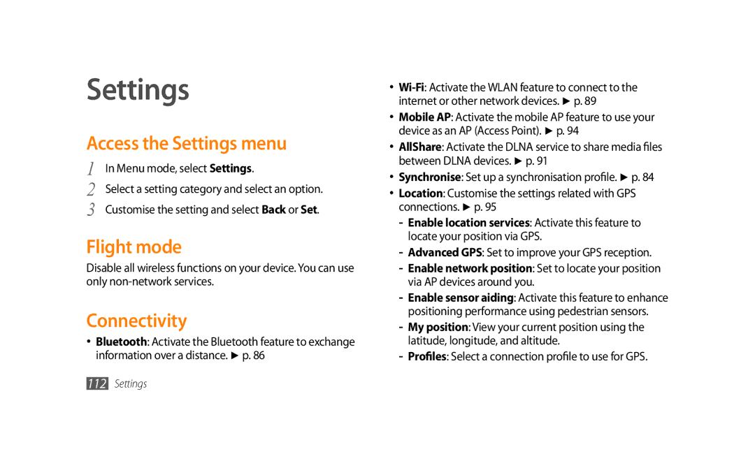 Samsung GT-S8500HKAAFR, GT-S8500BAATUR Access the Settings menu, Flight mode, Connectivity, Menu mode, select Settings 